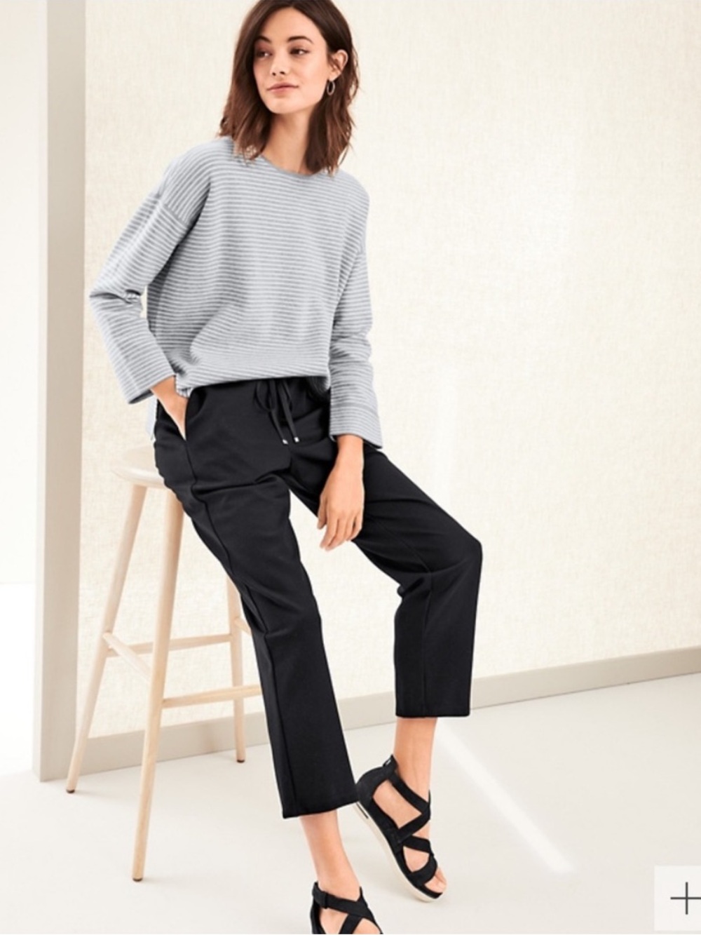 Eileen Fisher Tencel Ponte Knit Ankle Cropped Drawstring Pants Black Travel 3X